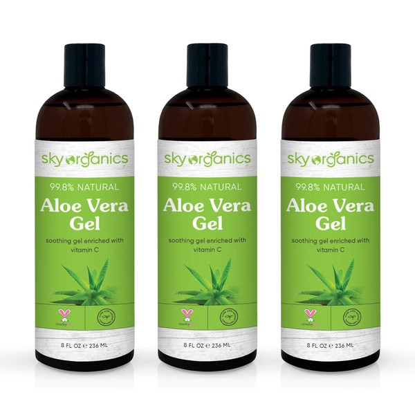 Aloe Vera Gel (8oz x 3 Pack) All Natural Ultra Hydrating Skin Cooling Aloe Gel, Non-Sticky Relief of Sunburns, Razor Burns, Bug Bites- Hair Conditioner & Gel- Cold Pressed, Made in USA