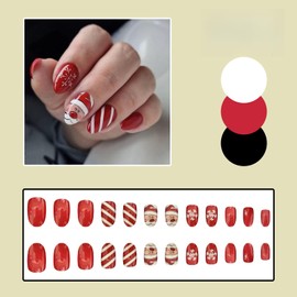 Pikabows Press on Nails Long Almond Christmas Santa Claus Snowflake Red Fake Nails Acrylic False Nail Tips Kit Glue on Nails for Women