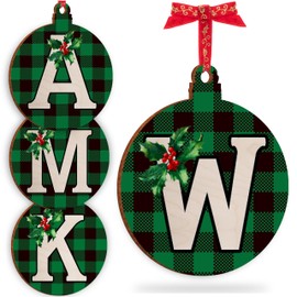 Christmas Initial Ornament for Christmas Tree Decorations - 12x10cm - Xmas Wooden Hanging Baubles - Xma Family Tree Gifts C2 (Initial #W)