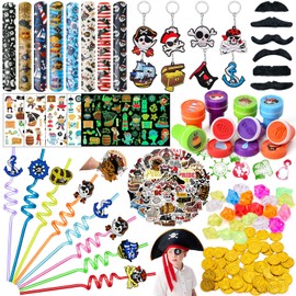 Pirate Party Bag Children's Birthday Boy Guest Gift with Straws Children Gold Coins Key Ring Moustaches Luminous Tattoo Sticker Stamp Snap Bracelet Give Aways for Children