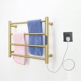 Heated Towel Rack Gold, 4 Bars Towel Warmer Rack for Bathroom Wall Mounted, Timer & Temperature Control Electric Towel Drying Rack (4 Bars Brushed Gold B, Plug-in)