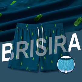 BRISIRA - Traje de baño para hombre, secado rápido, 5 pulgadas, con entrepierna elástica, con forro de compresión, bolsillo con cierre, Azul Amarillo (Pineapple), 40
