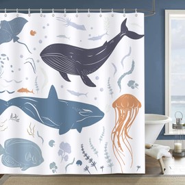 Bonhause Shower Curtain Whale Fish Ocean Shower Curtains for Kids 183 x 183 cm Anti-Mould Waterproof Polyester Fabric Washable Bath Curtain for Bathroom with 12 Hooks