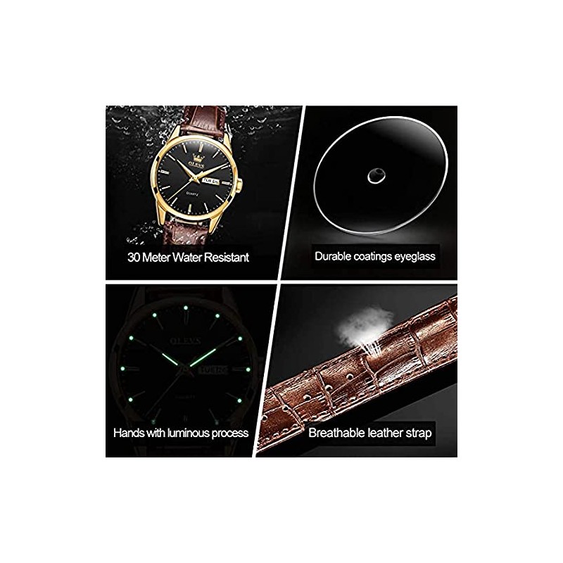 OLEVS Men Watch Brown Leather Strap Large Black Face Analog