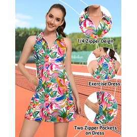 Soneven Tennis Dress for Women, Floral Golf Dresses with Built in Shorts and Pockets Sleeveless Athletic Dresses