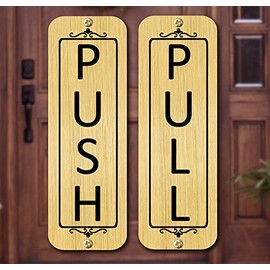 Classic Vertical Push Pull Door Signs (Two Signs) Brass, Metal Signs (Brushed Silver, Gold Brass, Brushed Copper, or Black Finish) (Brushed Brass, 2" x 6")