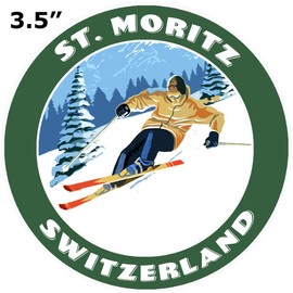 St. Moritz, Switzerland Skiing Resort Spots Yellow Skiier Decorative Car Truck Window Sticker Decal Vinyl Die-Cut Badge Emblem Vacation Souvenir Travel Gear