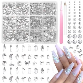 White Nail Art Rhinestones Kit Multi Shapes Resin Rhinestones Flatback Bedazzling Crystals Shiny Heart Star Moon Water Drop Square Nail Art Gems Stones for Nails Art DIY Crafts Shoes Clothes