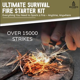 Wild North Goods Fire Starter Kit – Ferrocerium Rod (15,000+ Strikes) with Striker, Wax Tinder Rope, Collapsible Bellow & Burlap Bag – Bushcraft & Survival Tool for Camping, Hiking & Emergency Use