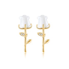 Reffeer Solid 925 Sterling Silver Rose Flower Stud Earrings for Women Teens CZ Flower Stud Earrings Drops Spring Earrings (B-18K Gold)
