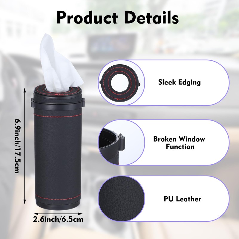2 Pcs Car Tissues Cylinder Leather Round Tissues Container Car
