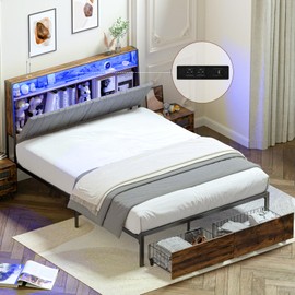 LUCKLlFE Full Bed Frame with 2-Tier Storage Headboard,Platform Bed Frames with Drawers,Built in Charging Station&LED,Noise-Free,No Box Spring Needed