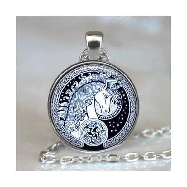 Unicorn Celtic Art Pendant Necklace With Chain Black With Silvertone