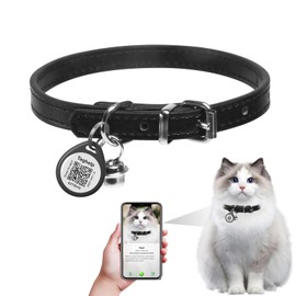 Cat Collar with Bell Kitten Rolled Leather Collars Safety QR ID Name Tag- Kitten Collar with Safety Adjustable Small Pet Collars for Boy Girl Cats. Pet Smart ID Tag Black, 6 "- 9" for Kitten