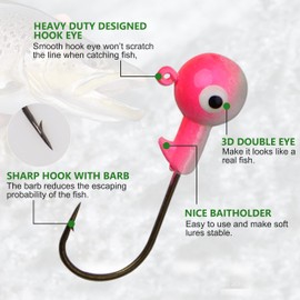 Jig Heads Fishing Hook Set, 60 Pieces Jig Hooks with Round Jig Head Fishing Box for Rubber Fish Size 0.9 g 1.8 g 3.6 g 7.2 g 10.5 g