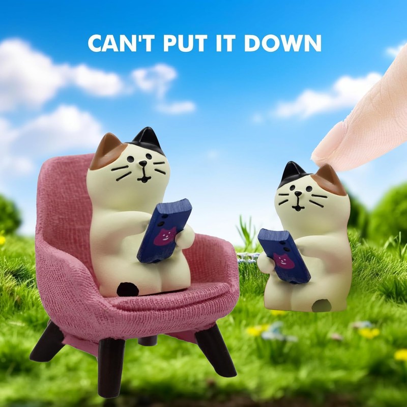 Cute Pink Cat Mini Figurine - Playing Phone on Sofa,