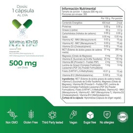 ETERNAL NUTRITION Vitamina D3 + K2 Liposomal (300 Cápsulas) | con Aceite de MCT y Folato | 300 Porciones · 500 mg | Salud Ósea, Metabolismo del Calcio