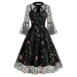 Tie Neck 2 Piece Dress Floral Embroidery Dress for Women Flower Embroidery Prom Dress 3/4 Bell Sleeve Tulle Embroidered Dress Wedding Guest Mesh Sheer Illusion Dress Short Formal Dress Black-Floral S