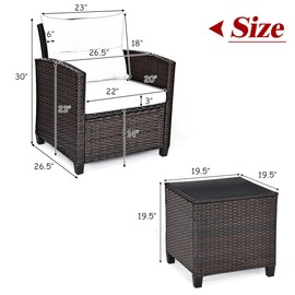 DORTALA 3 Pieces Patio Furniture Set, Outdoor Wicker Rattan Conversation Sofa Set with Cushion, Tempered Glass Top Table for Backyard Porch Garden Poolside Balcony, Red