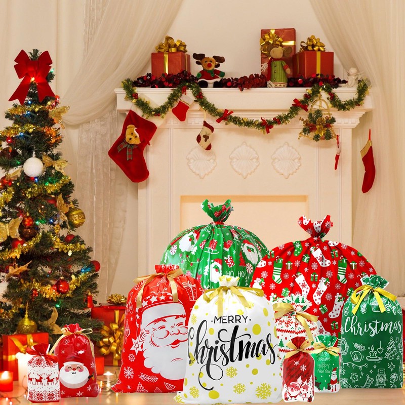 BCUEIDO 45 PCS Christmas Drawstring Gift Bags Assorted Sizes Drawstring