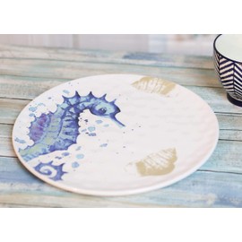 Ebros Nautical Marine Coastal Sea Life Blue And White Seahorse Ceramic Dinnerware For Beach Party Hosting Kitchen And Dining Earthenware Serveware (Round Dinner Plate 12"D Pack Of 2)
