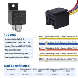 HISports JD2912 Car Relay with Cables, 12 V, 80 A, 5-Pin Car Vehicle Motor Relay, Switch, Power Moto SPDT Contactor Relay, Car Switch, Electric Fan, Horns Motor Relay (Pack of 5)