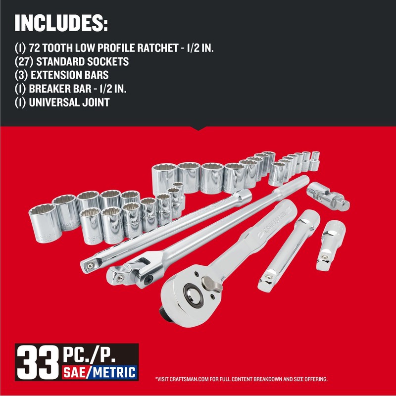 CRAFTSMAN Mechanics Tool Set, 33 Piece, 1/2 Inch Drive SAE/Metric