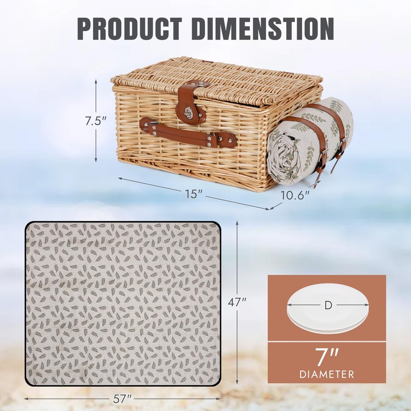 HappyPicnic Picnic Basket Set for 2 - Wicker Picnic Basket