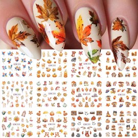 12 Sheets Fall Thanksgiving Nail Stickers Water Transfer Nail Foils Decals Autumn Maple Leaf Pumpkin Squirrel Nail Art Stickers Holiday Nail Art Supplies for Women Girls Nail Decorations