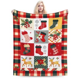 Christmas Stockings Flannel Blanket 125x150CM, Warm and Comfortable Throw for Couch, Bed, or Sofa, Christmas-Themed Decor, Great for Family and Friends, Ideal for Home or Travel