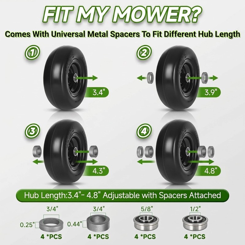 11x4.00-5 Lawn Mower Tires Flat Free, 2 Pack 11x4-5 Solid