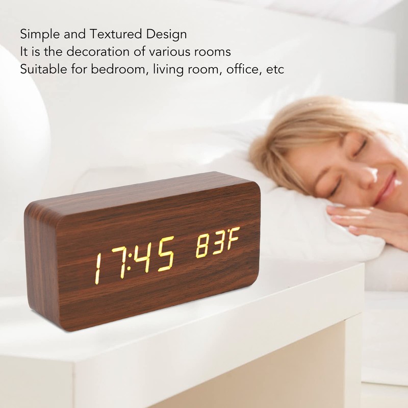 LED Table Clock Wood Look, Alarm Clock Digital Radio Clock,
