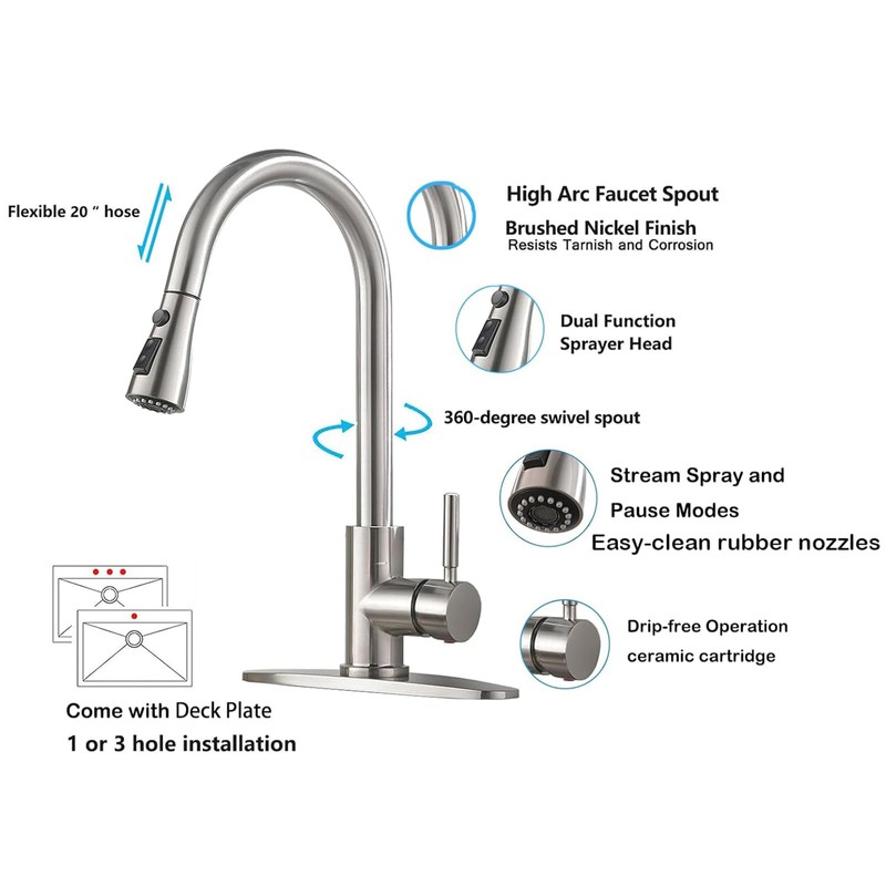 Kitchen Faucet with Pull Down Sprayer, Brushed Nickel Stainless Steel