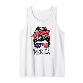 Merica 4th Of July USA Flag Girl Women Sunglasses Messy Bun Tank Top