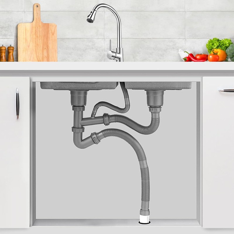 Double Kitchen Sinks Drain Pipe Kit, Expandable All In One