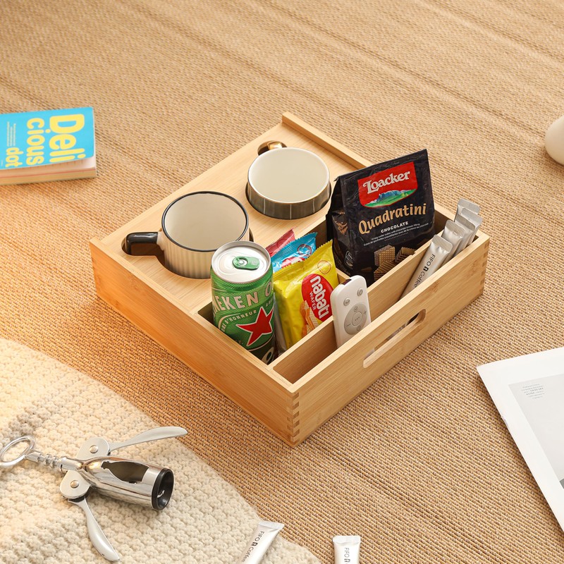 ROCDEER Couch Caddy,Bamboo Couch Cup Holder Tray with 6 Compartments,