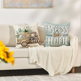 AVOIN colorlife Bless Our Home Eucalyptus Leaves Starfish Throw Pillow Covers, 20 x 20 Inch Seasonal Spring Summer Truck Home Sweet Home Cushion Case Decorations Set of 4