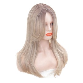 QIANCHUN Middle Part Hair Topper With Fringe in French Style Hairpiece Extension Large Base Clip in Seamless Synthetic Wiglet 18 Inch (Gradient)