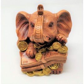 JRose Collections Feng Shui Trunk Up Elephant Ornament - Money Wood Effect - Good Luck and Prosperity Decor for Home or Office