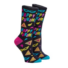 Happy Purim Crew Socks for Adults – Festive Holiday Socks with Bold Purim Icons – Soft & Comfortable Cotton Blend – One Size Fits Shoe Size 8-12