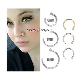 Other 925 Sterling Silver Open Nose Ring Hoop 0.6mm Piercing (8mm, Gold)