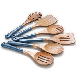 ROSOS Wooden Spoons For Cooking, 6 PCS Natural Acacia Wooden Cooking Utensils or Non-Stick Wooden Kitchen Utensil Set for Kitchen Essentials, Smooth Grip Wooden Cooking Spoons with Hanging Hole, Blue