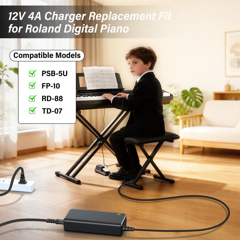 12V Digital Piano Charger Replacement Compatible with Roland PSB-5U FP-10