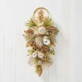 Holiday Tree 25” Teardrop Swag Sage Green Gold with Mini Wood Rose – Handcrafted Christmas Swag with Jeweled Ornaments, Glittery Roses, Pinecones & Foliage