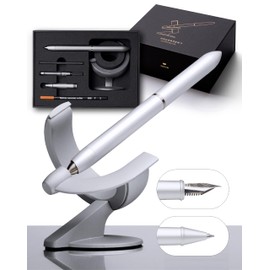 novium Hoverpen Future - Luxury Fountain Pen & Rollerball Pen All-In Gift Box, Schmidt Nib (Fine), Converter, Extra Refill, Aerospace Metal, Best Pen Gift Set for Men & Women (Frost Silver)