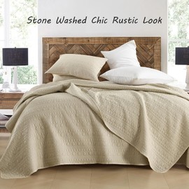 HORIMOTE HOME Quilt Set Queen Size Brich Beige, Classic Geometric Spots Stitched Pattern Stone-Washed Microfiber Chic Rustic Look, Soft Lightweight Quilted Bedding Set for All Season, 3 Pieces