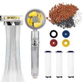 Water-Saving Propeller Pressure Shower Head 360° Rotating Shower Head Hand Shower with 3 Pieces PP Cotton 3 Anti-Limestone Seals 1 Water-Saving 4-Colour Seal for Bathing and Spa Use (Yellow)