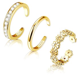 3 Pcs Toe Rings for Women,Golden Toe Ring for Women,14k Gold Filled Adjustable Toe-Rings Three Different Beach Style Flower&Diamond Studded Solid Color Fashion Design Toes-Ring Jewelry to Woman,Girls