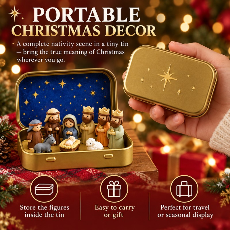 Mini Christmas Nativity Set in Tin Box, Portable Manger Scene