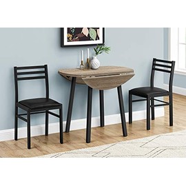 Monarch Specialties Round Drop-Leaf Table and 2 Chairs-for Small Spaces-Modern 3-Piece Dining Set for 2, 35" D, Dark Taupe/Black Metal